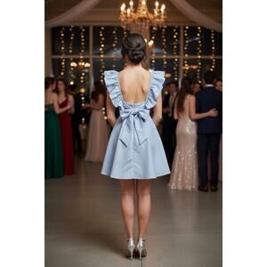 Crystal Doll Blue Ruffle Sleeve Mini Dress Bow Back A-Line NWT M Party Prom Fun